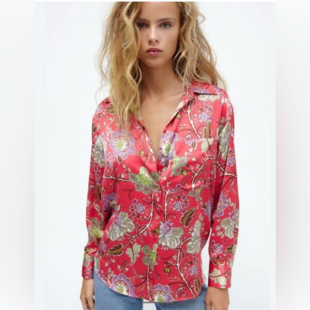 ZARA red flowered silky shirt